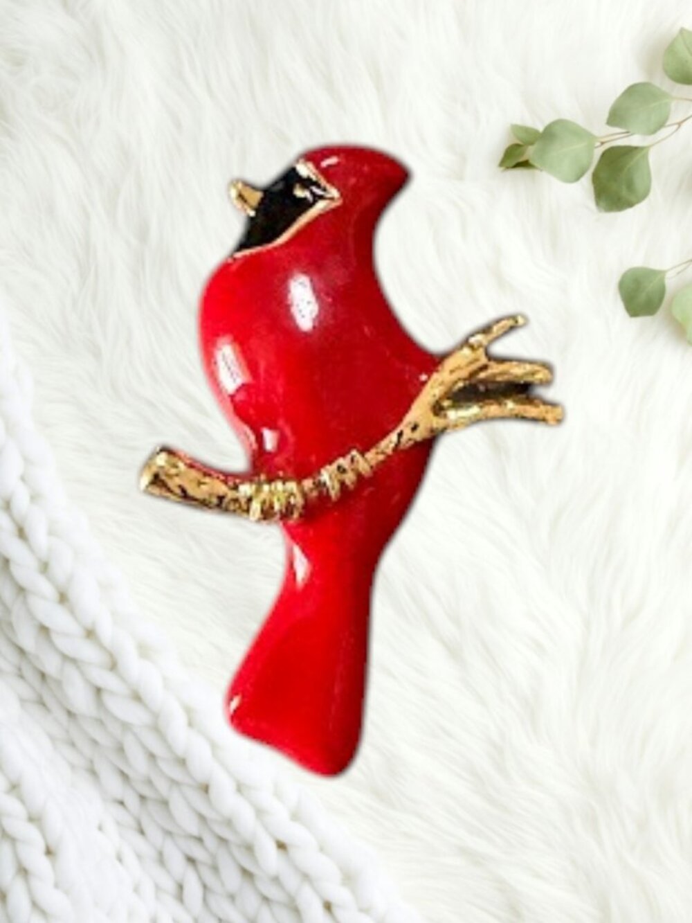 Vintage Cardinal Bird Brooch Red Enamel Gold Tone Branch Nature Pin Winter